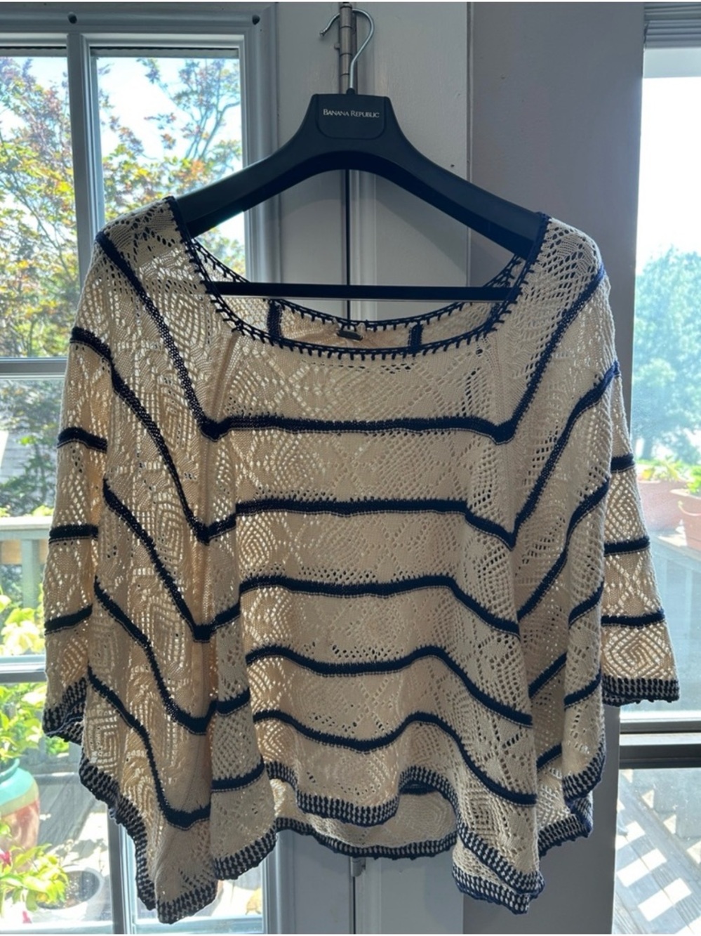 Free People Cream Crochet Top with Navy Stripes